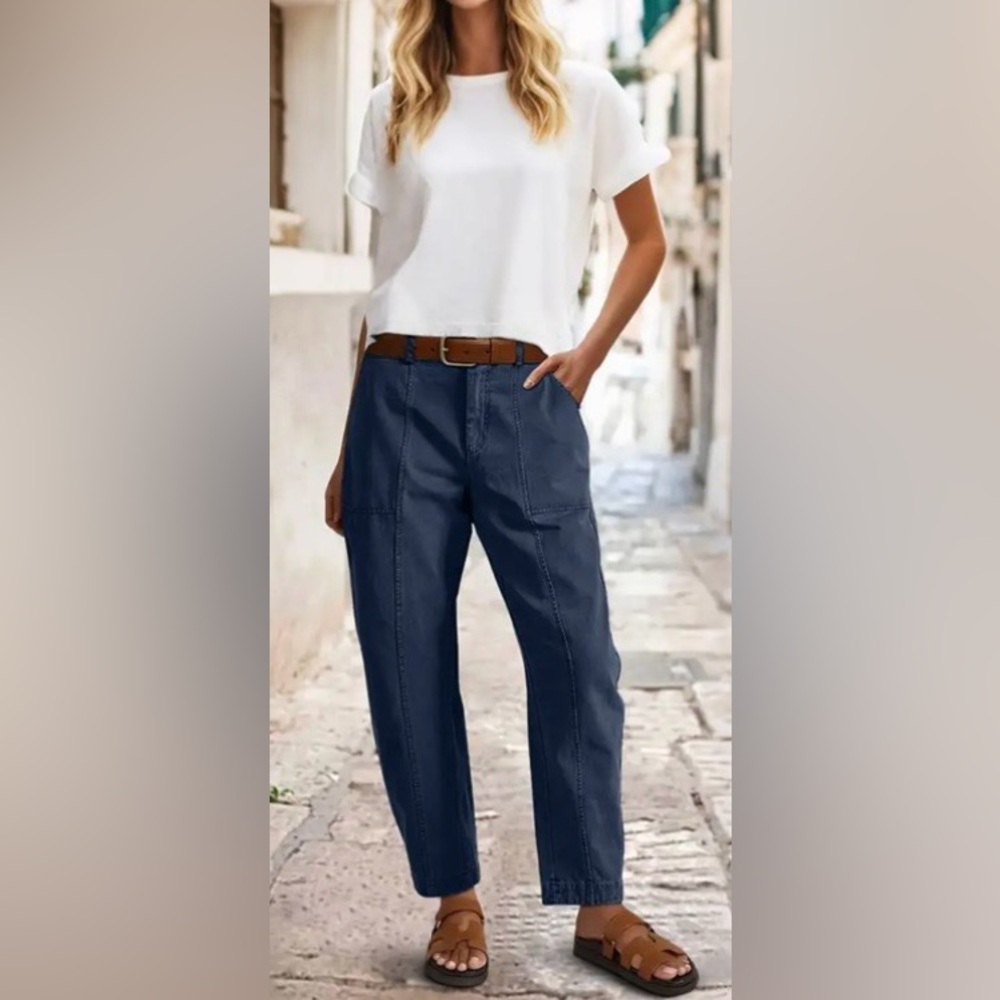 Flamingals Solid Stitch Detail Mid Waist Barrel Leg Crop Pants Navy Large NWT